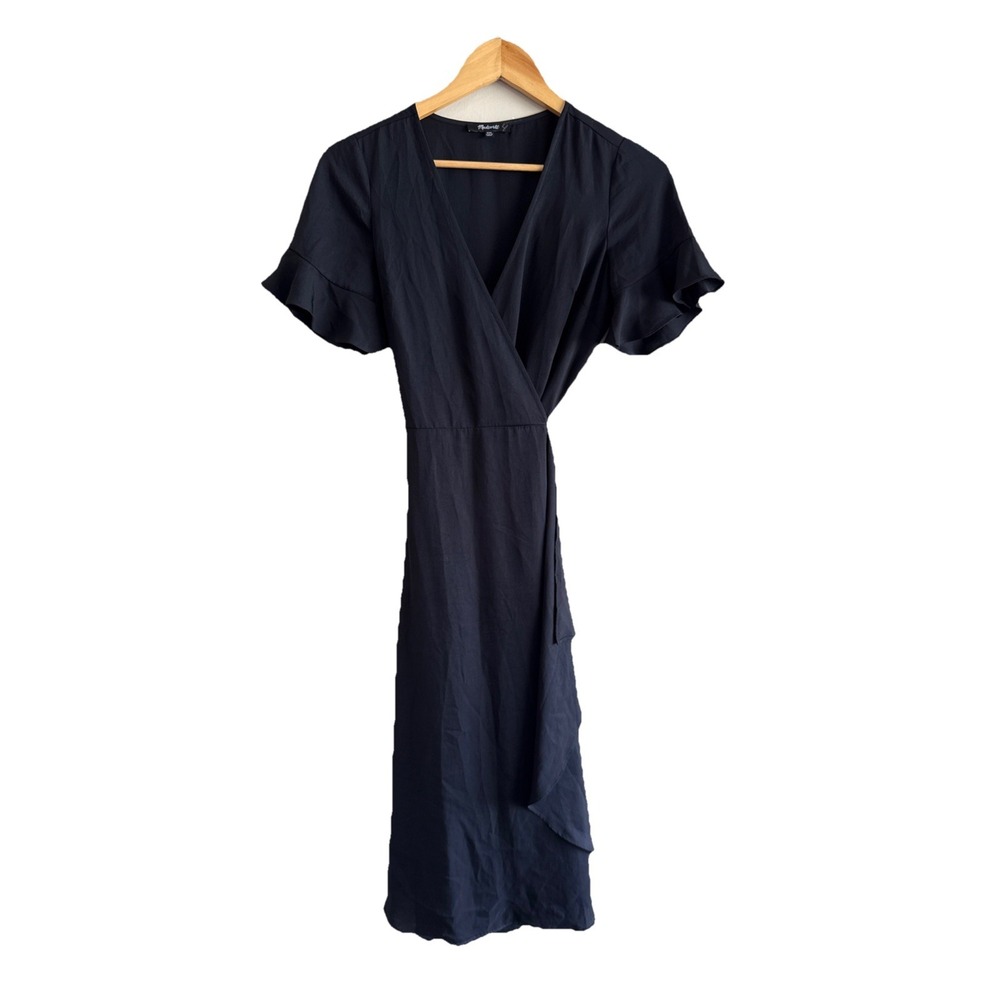 Madewell Wrap Dress Womens 4 Black Flutter Sleeve Ruffle LBD Minimalist Classic - Picture 3 of 4